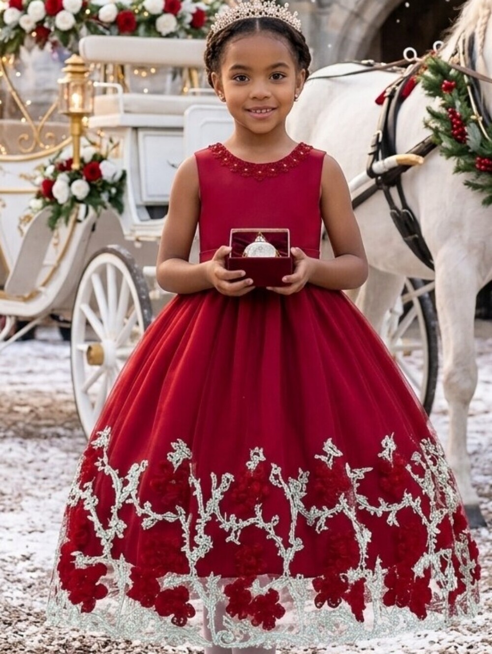 New Deep Red Red,Teal Hem Applique Girl's Dress-Sizes 6 & 7